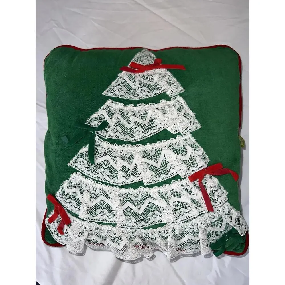 VTG 1980s Nettle Creek Holiday Throw Pillow Lace Christmas Tree Red Trim 13 x 13